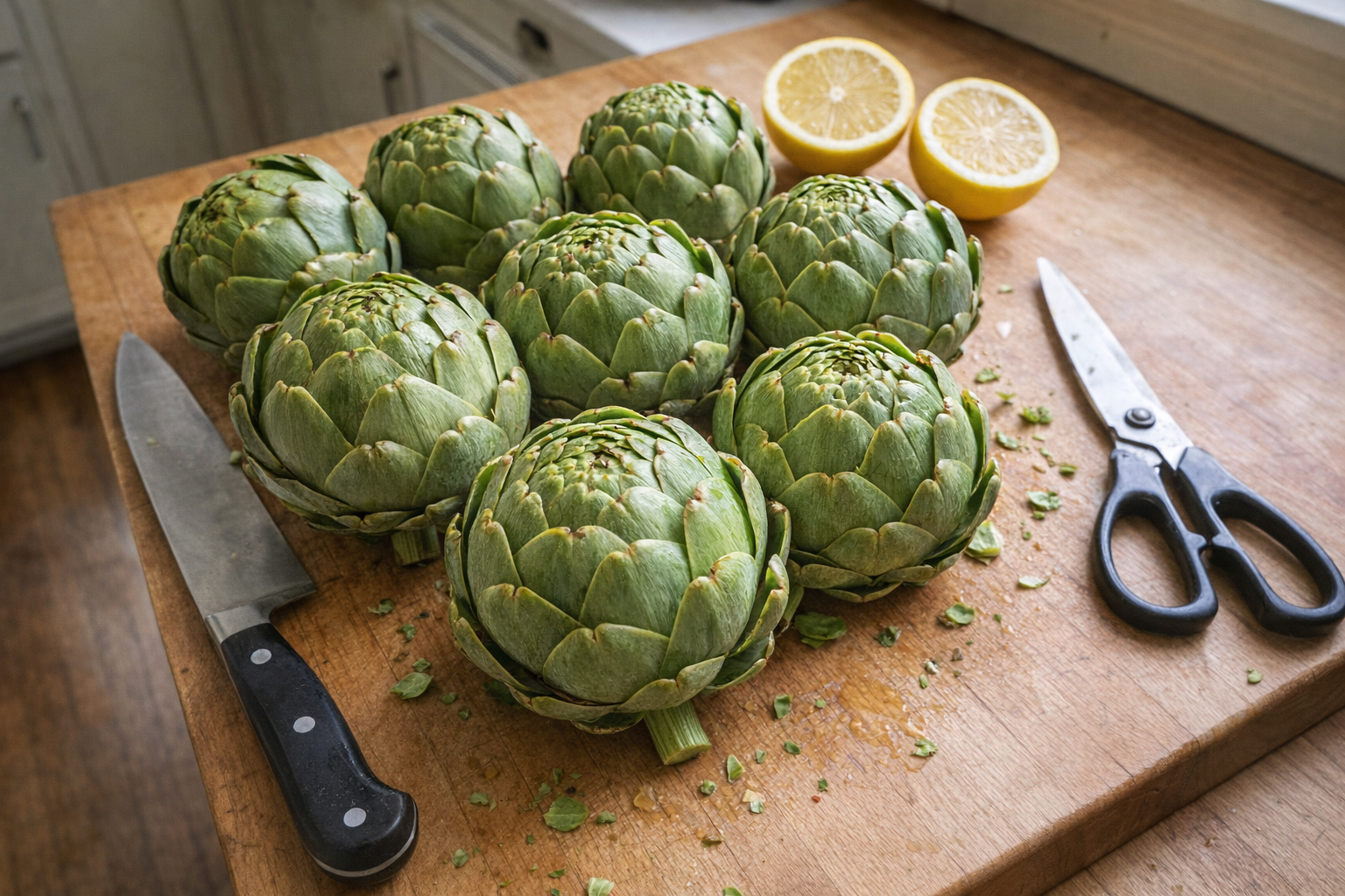 A top-down shot of raw artichokes on a wooden cutting board, a knife and kitchen scissors nearby, lemon halves, bright daylight